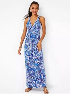 Lilly Pulitzer Maxi Dress Blue Tang Flocking Serena V-Neck Maxi Patterned